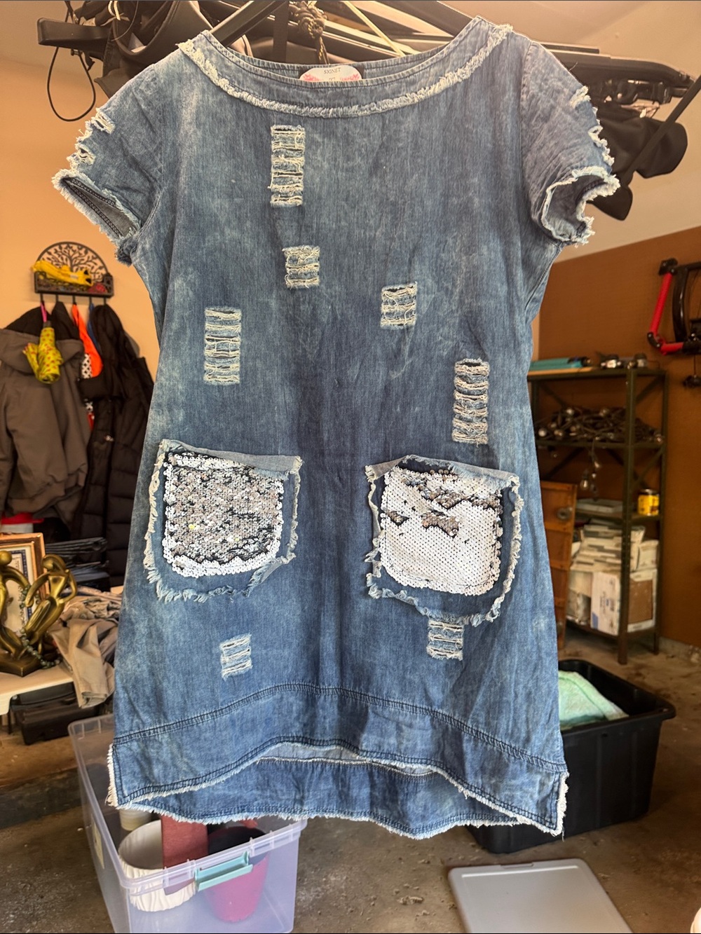 Girls' Casual Denim-Look Dress with Sequin Pockets - Blue